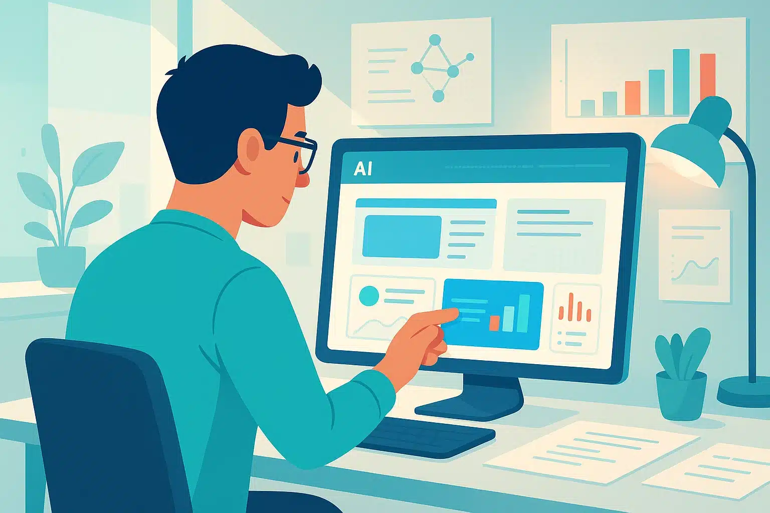 Un utilisateur interagissant avec une interface de framer affichant des données analytiques et de l'intelligence artificielle sur un écran d'ordinateur.