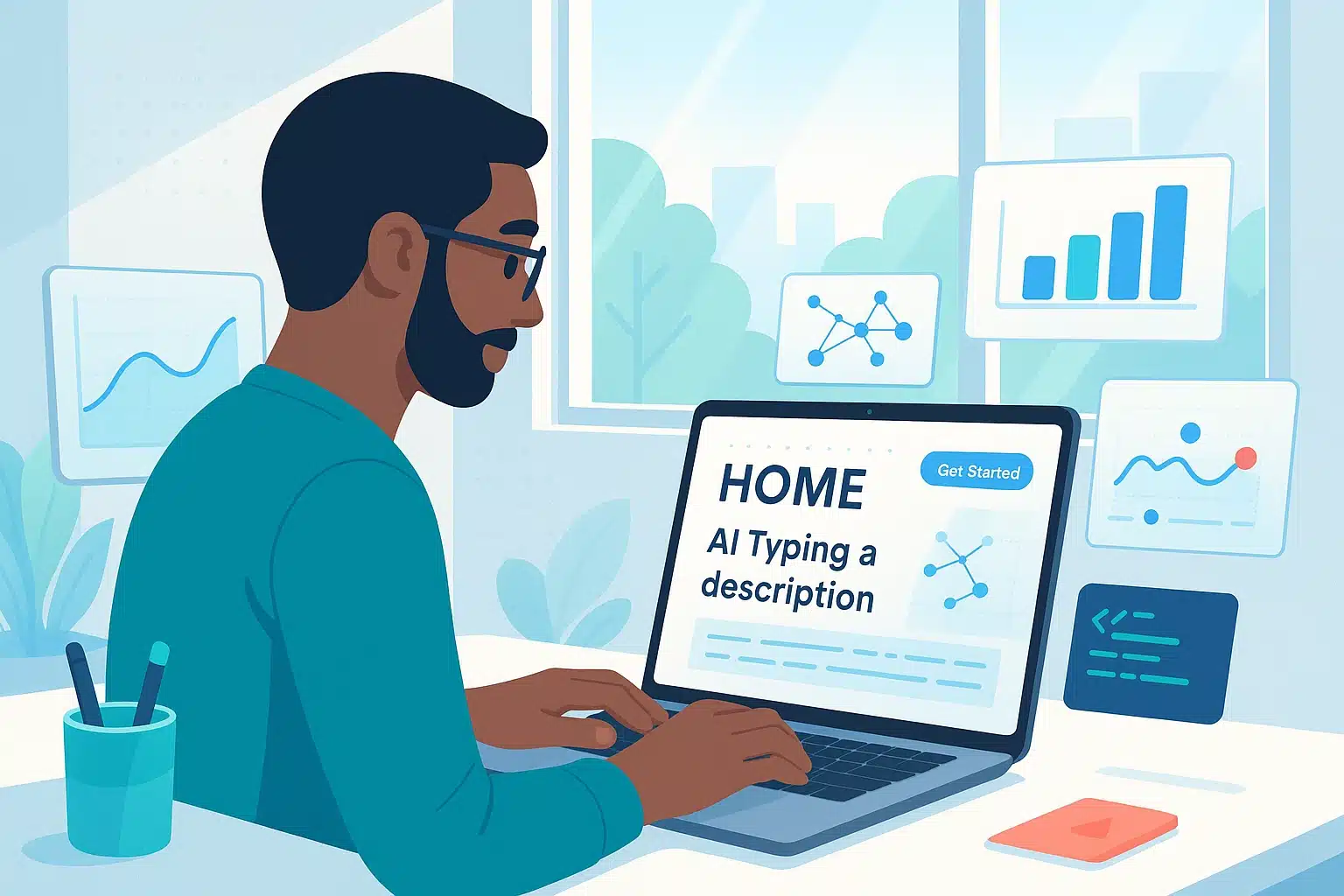 Personne utilisant un logiciel de framer sur un ordinateur portable avec des graphiques et des données affichées autour.
