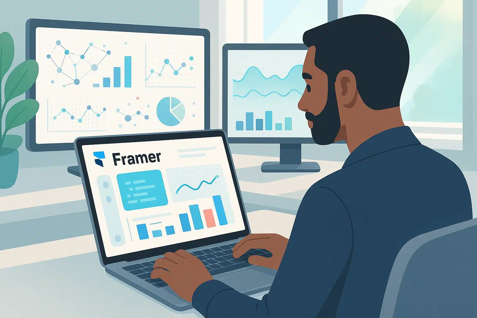 Une personne utilisant Framer sur un ordinateur portable, avec des graphiques et des données affichées sur plusieurs écrans en arrière-plan.