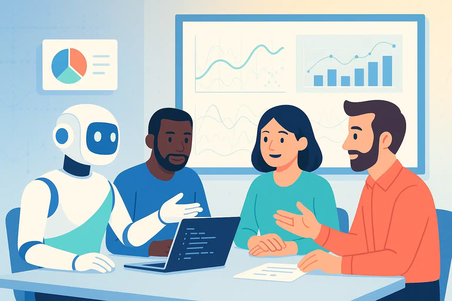 Réunion d'équipe utilisant des ordinateurs portables et des tablettes pour analyser des données et des graphiques de performance.