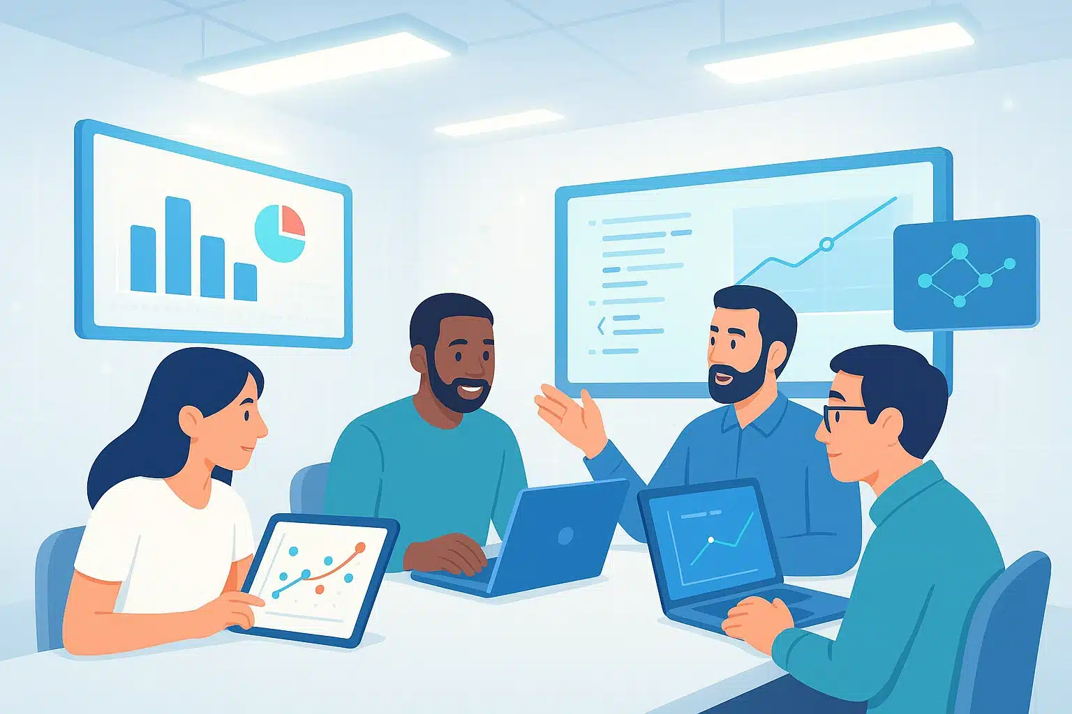 Réunion de groupe avec un robot discutant d'analyses de données dans un environnement de travail.