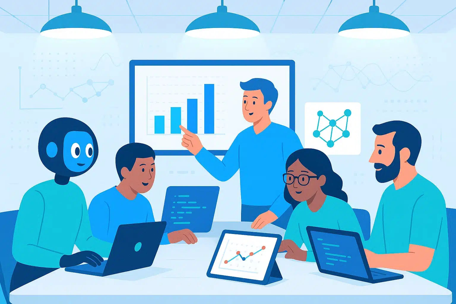 Équipe diversifiée en réunion, utilisant des ordinateurs portables et une tablette, examinant des graphiques de données sur un écran, illustrant l'automatisation des analyses avec Autogen.