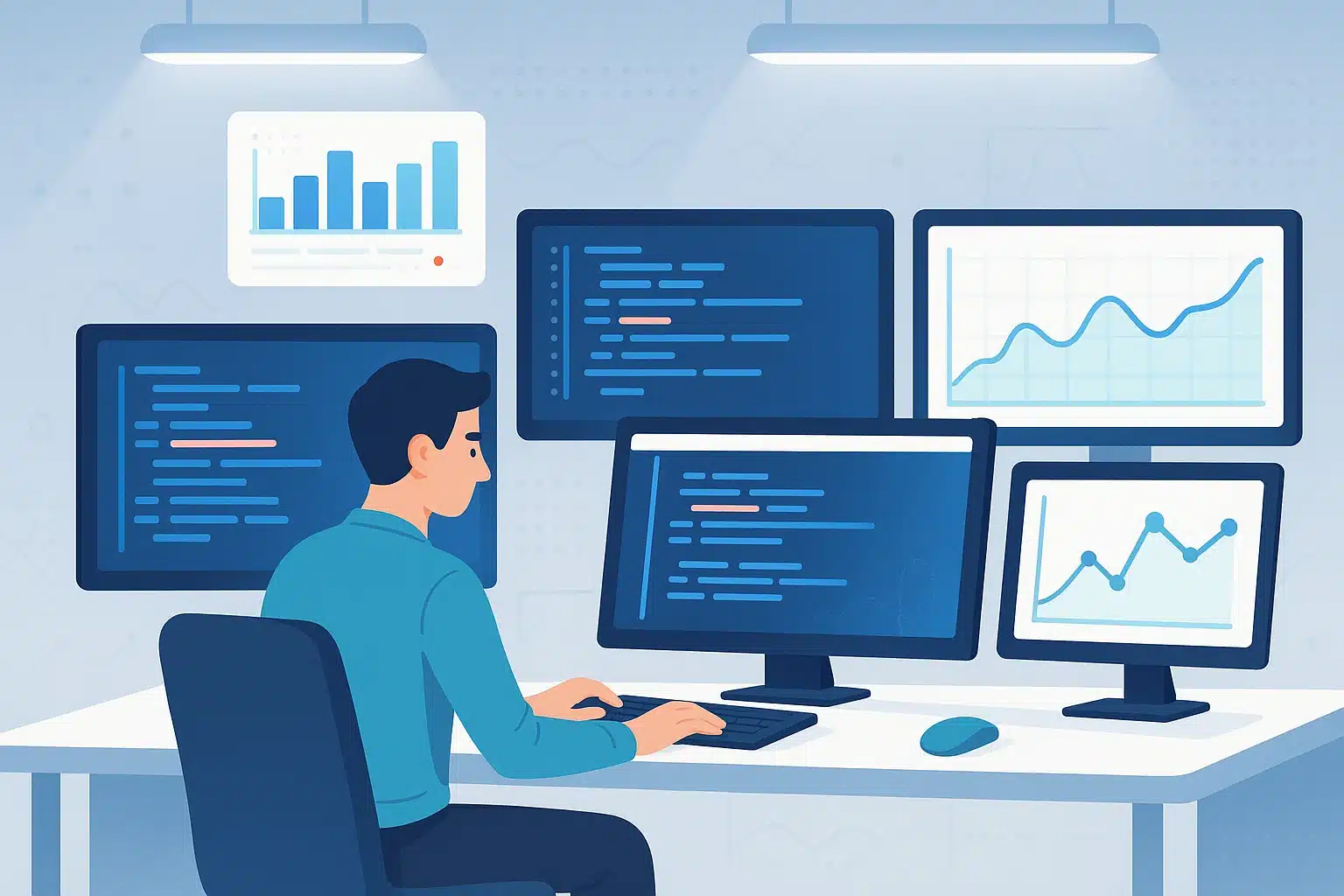 Illustration d'un professionnel travaillant avec plusieurs écrans affichant des graphiques et du code, représentant l'utilisation de l'IA dans l'analyse de données.