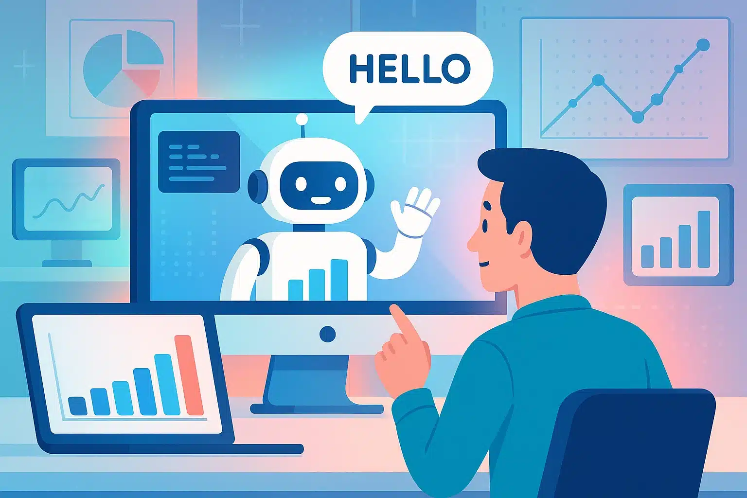 Un homme interagissant avec un robot sur un écran, illustrant l'utilisation de LangChain pour améliorer les interactions automatisées.