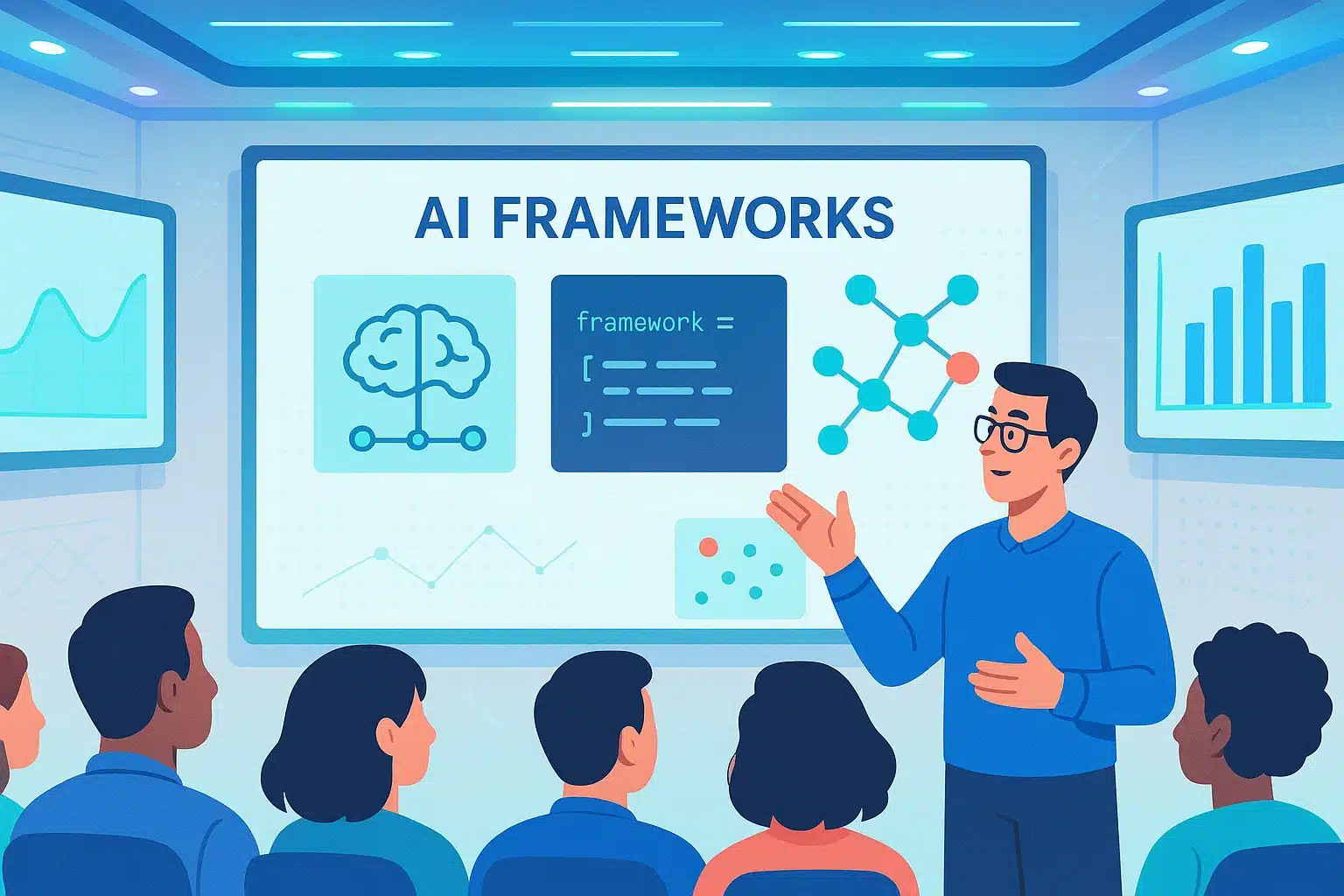 Présentation sur les frameworks d'intelligence artificielle avec un focus sur Langchain, montrant des graphiques et des concepts clés.