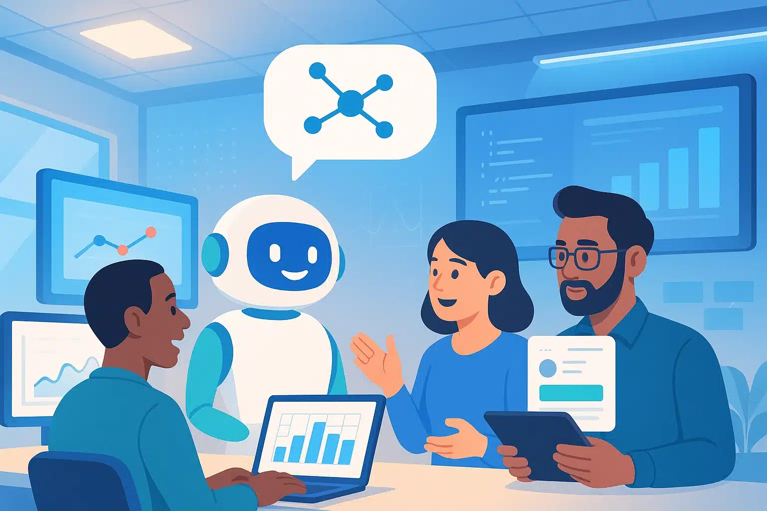 Un robot adorable interagissant avec une équipe lors d'une réunion, discutant de données sur des graphiques sur écran.