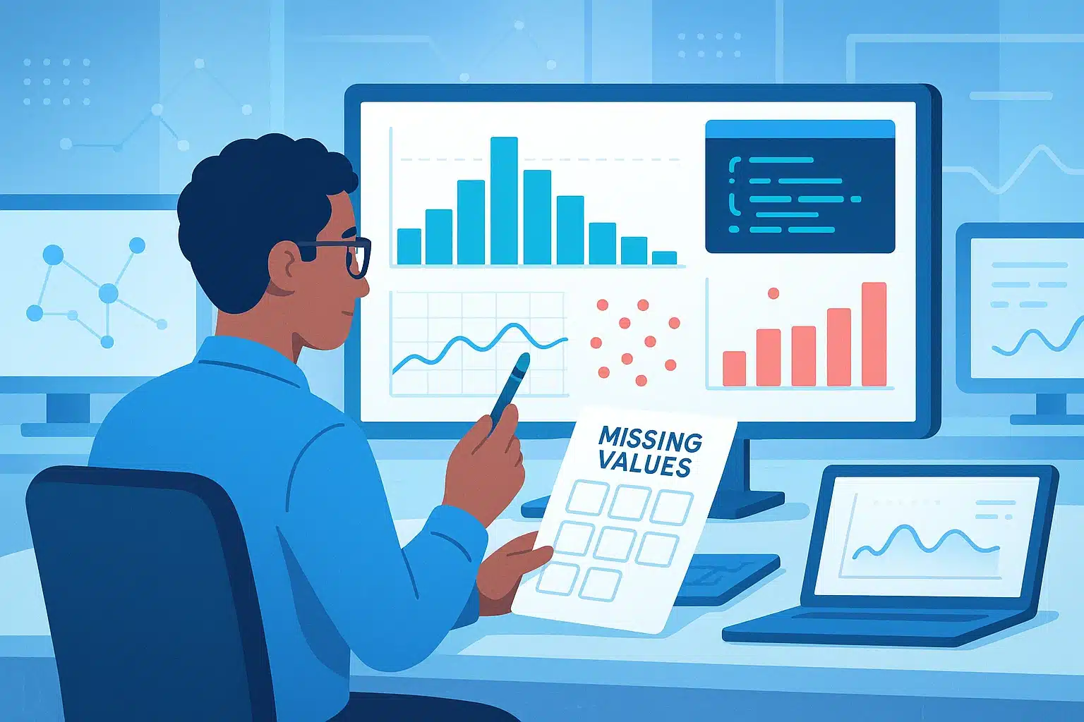 Un analyste de données examinant un tableau avec des graphiques et des statistiques sur les données manquantes en data science.