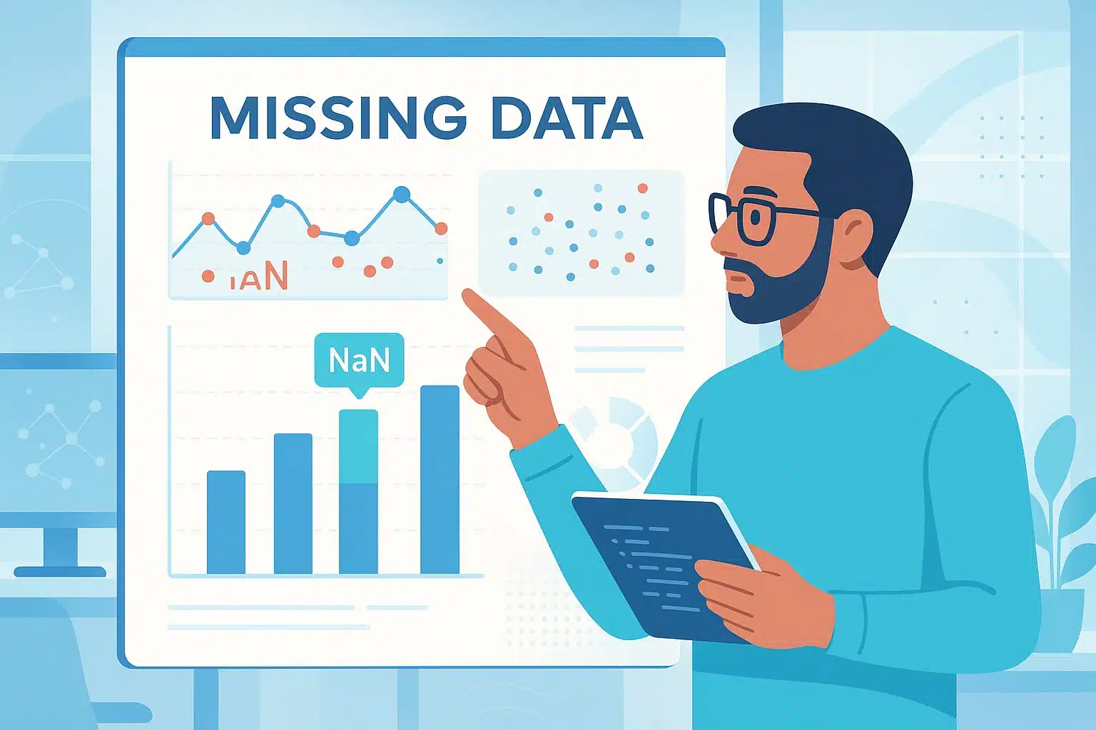 Un expert en data science présentant un graphique sur les données manquantes avec les mentions NaN et iAN.