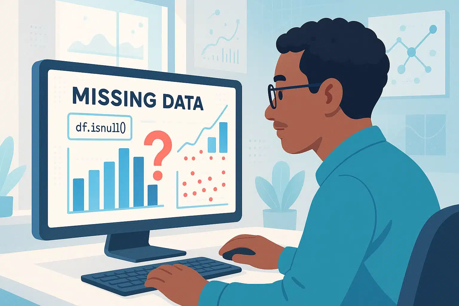 Un analyste de données examinant un écran d'ordinateur affichant des graphiques avec des données manquantes, illustrant comment gérer les données manquantes en data science.