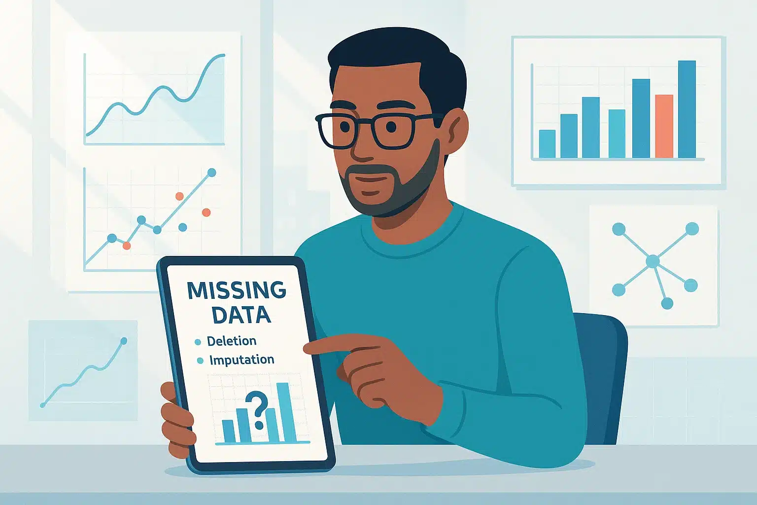 Un homme présentant une tablette avec le texte 'MISSING DATA' et deux points clés : Deletion et Imputation, au milieu d'un environnement de données.