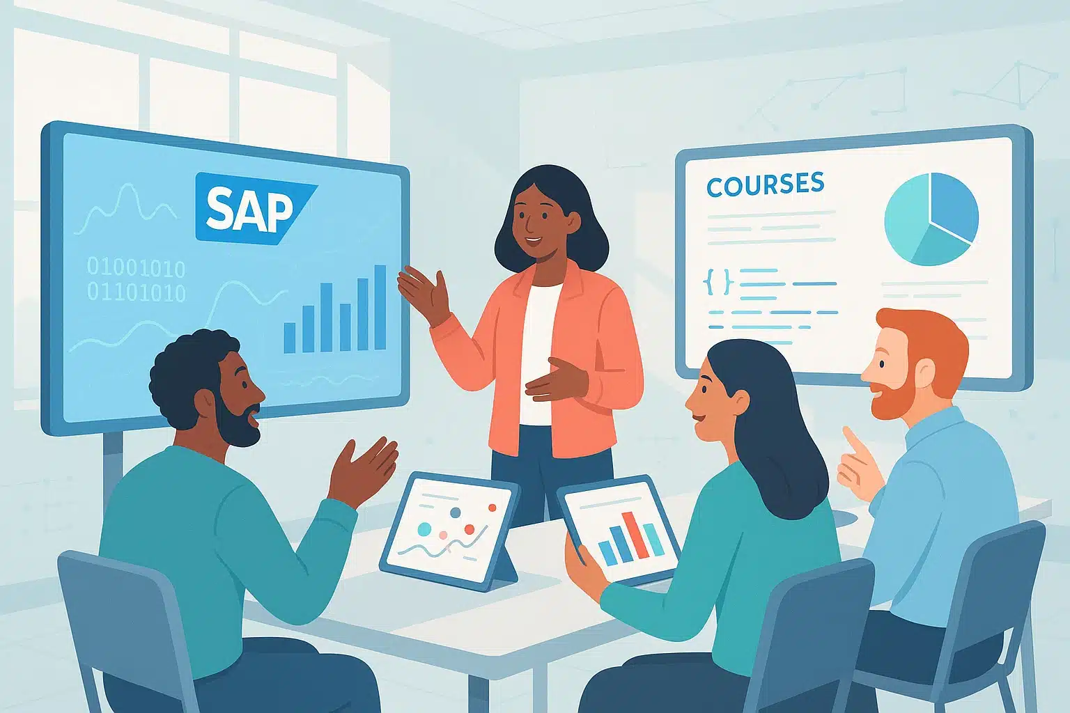 Séance de formation Open SAP avec un groupe de participants discutant autour de tablettess et d'écrans affichant des graphiques et des données.