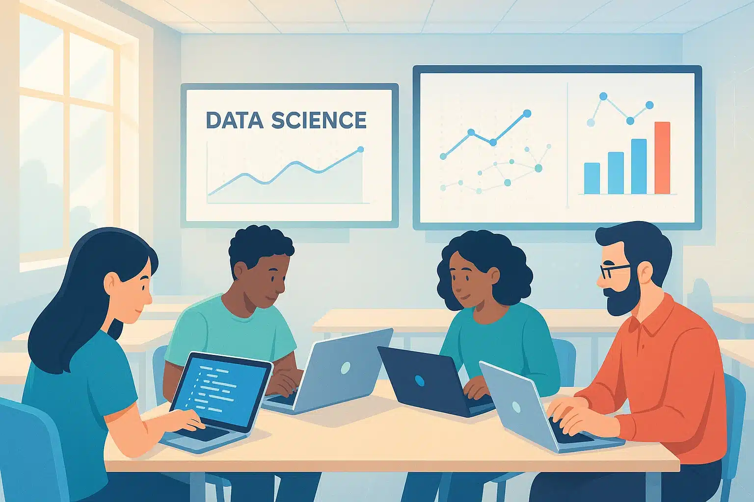 Groupe d'apprenants utilisant Open SAP pour explorer les concepts de la science des données, avec des graphiques affichés sur des écrans.