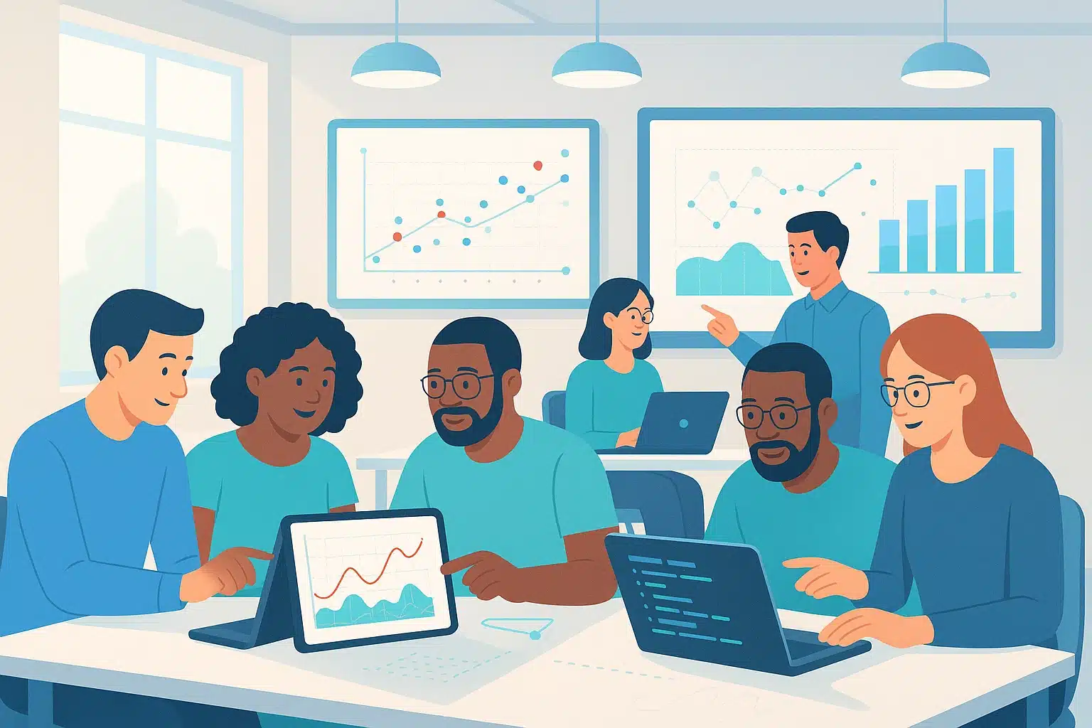 Groupe de professionnels travaillant ensemble sur des ordinateurs portables pour une formation Open SAP, avec des graphiques et des données visibles en arrière-plan.