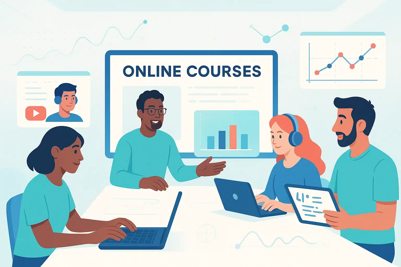 Illustration montrant un groupe de personnes participant à des cours en ligne sur Open SAP, avec des ordinateurs portables et des graphiques en arrière-plan.