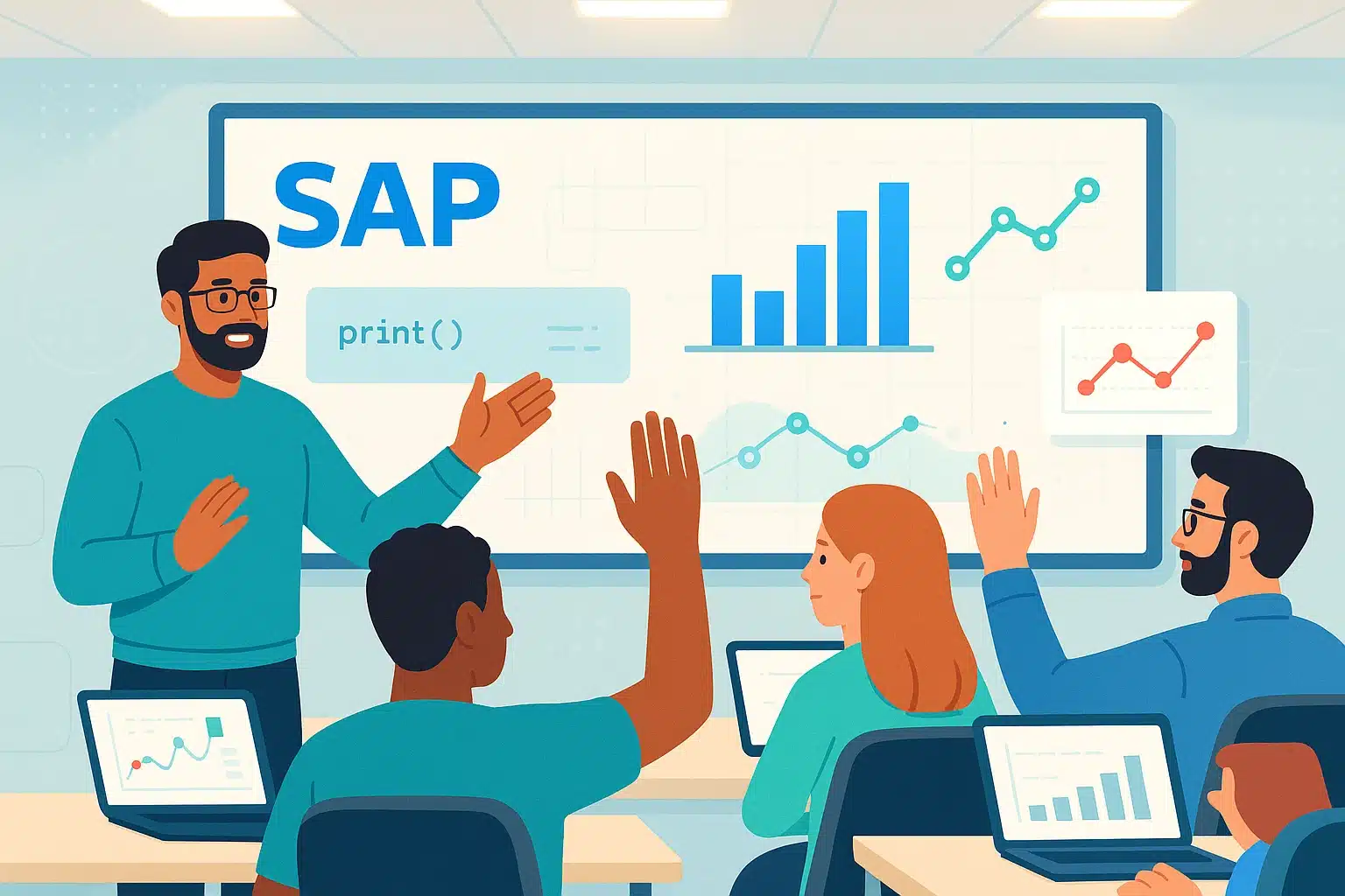 Session de formation sur Open SAP avec un formateur présentant des graphiques et des statistiques sur un écran devant des participants interactifs.