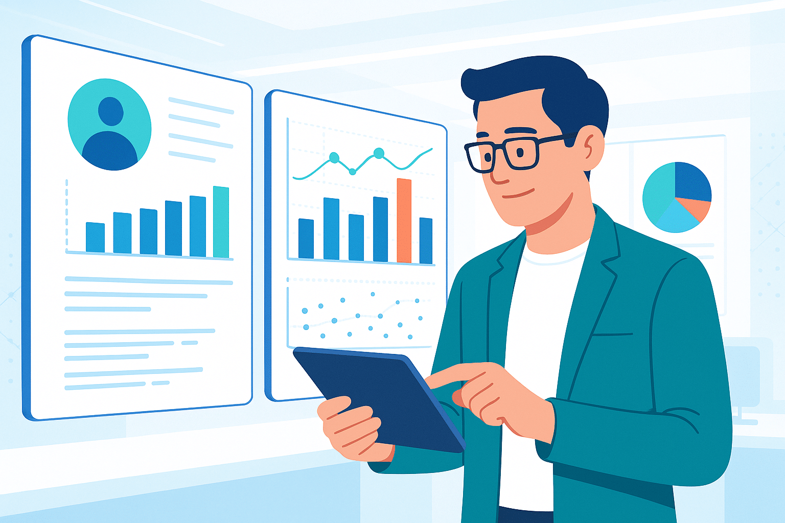 Professionnel utilisant un SIRH pour analyser les performances et les données RH sur tablette, devant un tableau de bord digital interactif.