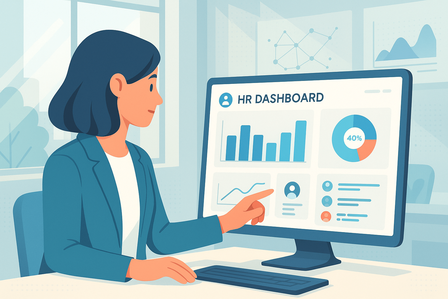 Responsable RH utilisant un SIRH pour consulter un tableau de bord RH avec indicateurs clés, données de performance et gestion des talents.