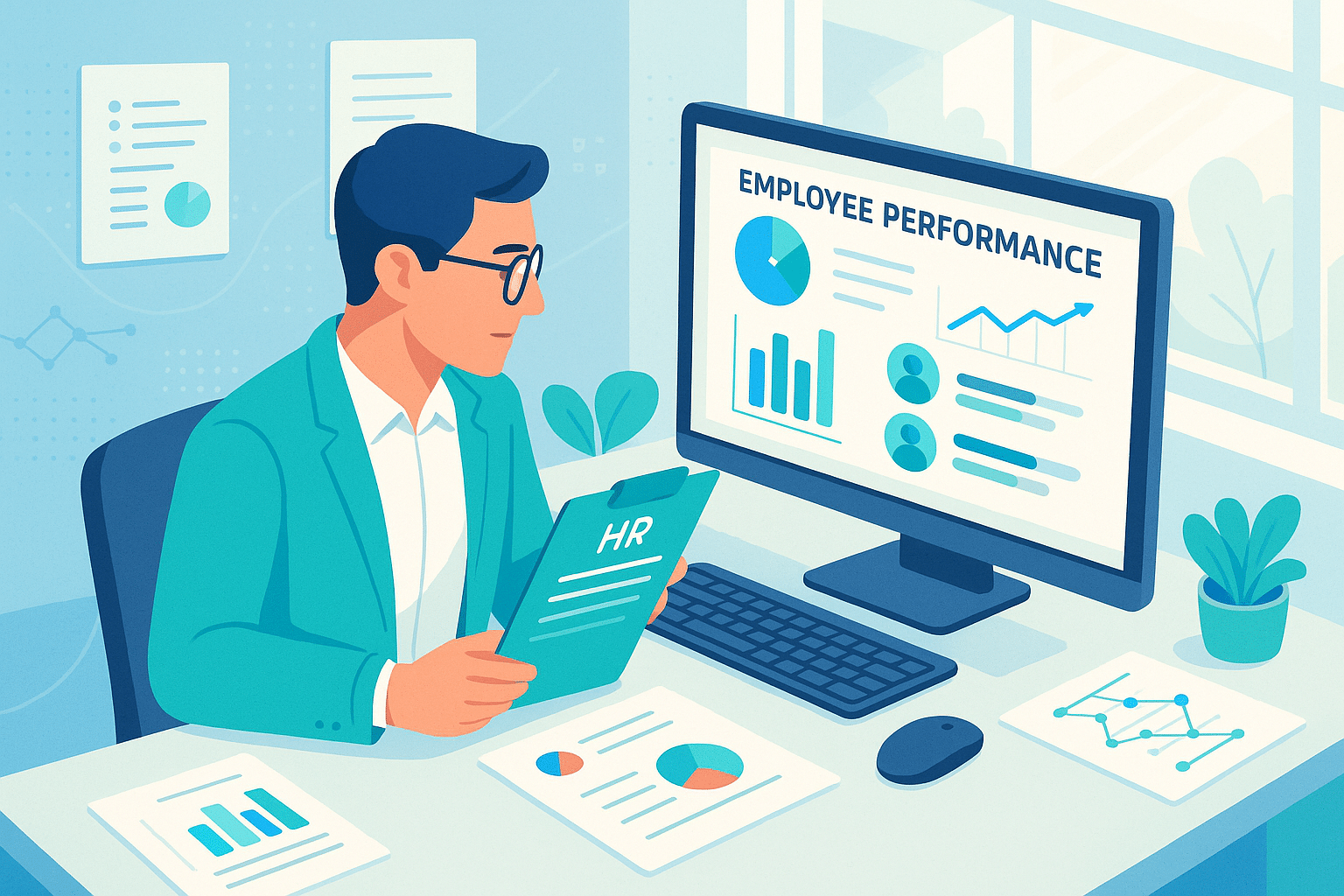 Manager RH consultant les performances des employés via un SIRH, entouré de rapports analytiques et de graphiques décisionnels.
