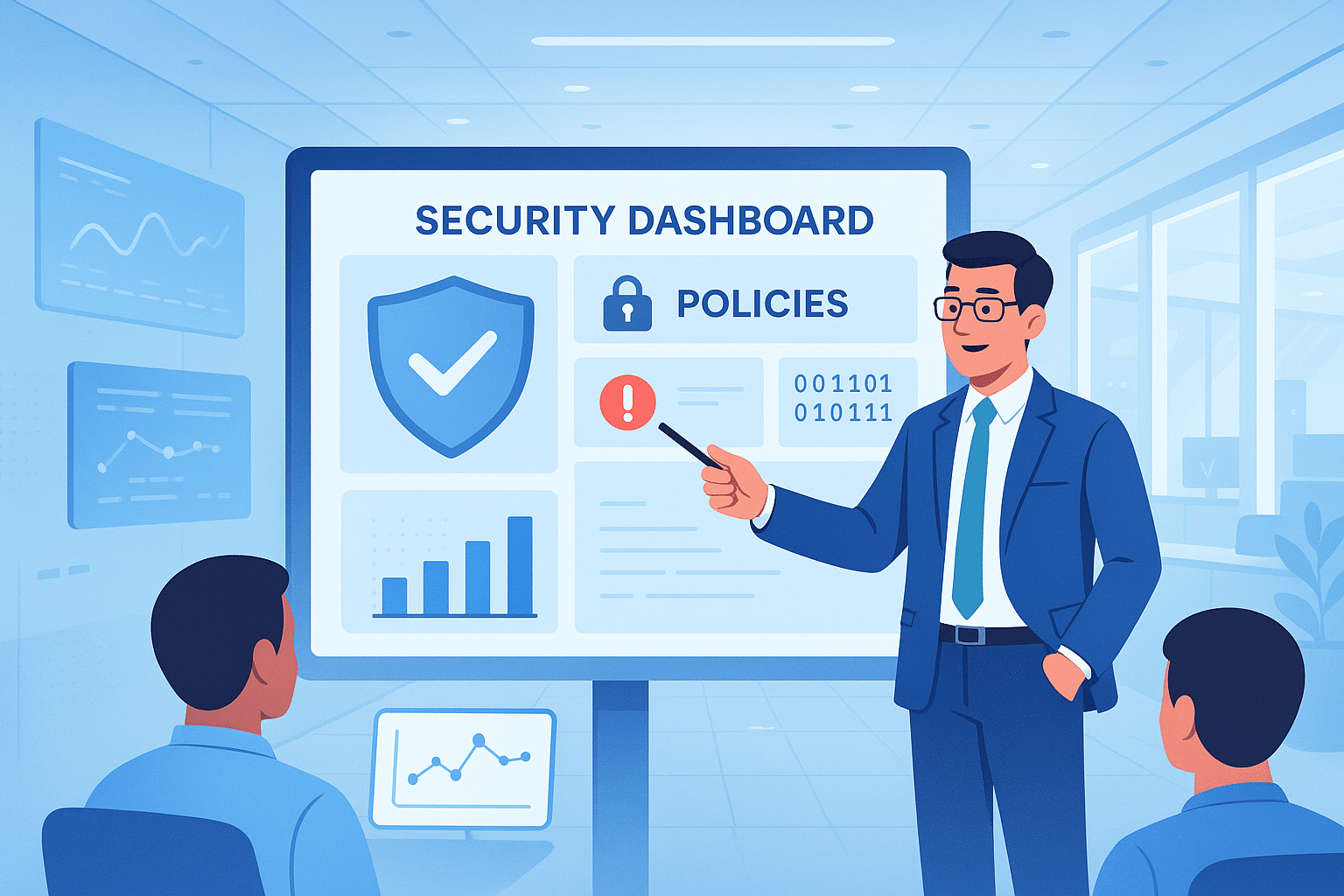 Formateur en cybersécurité présentant un tableau de bord de sécurité avec des alertes et politiques de prévention contre le Shadow IT en entreprise.