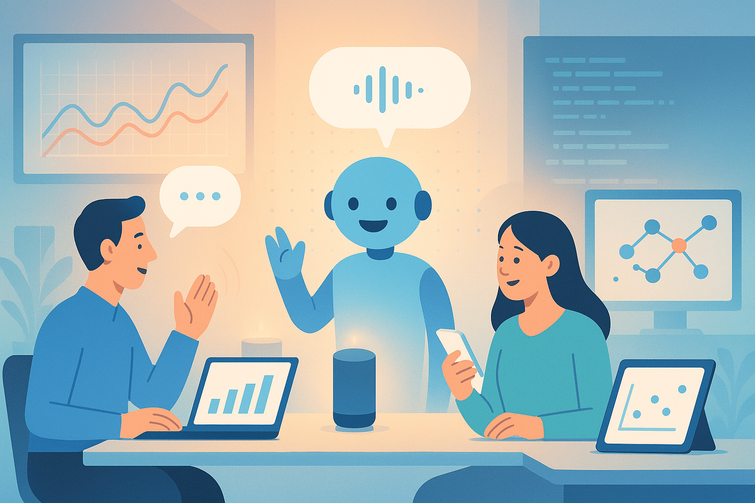 Illustration d’une interaction entre humains et un assistant vocal IA, représentant la rivalité Deepseek vs ChatGPT dans les usages conversationnels et analytiques.
