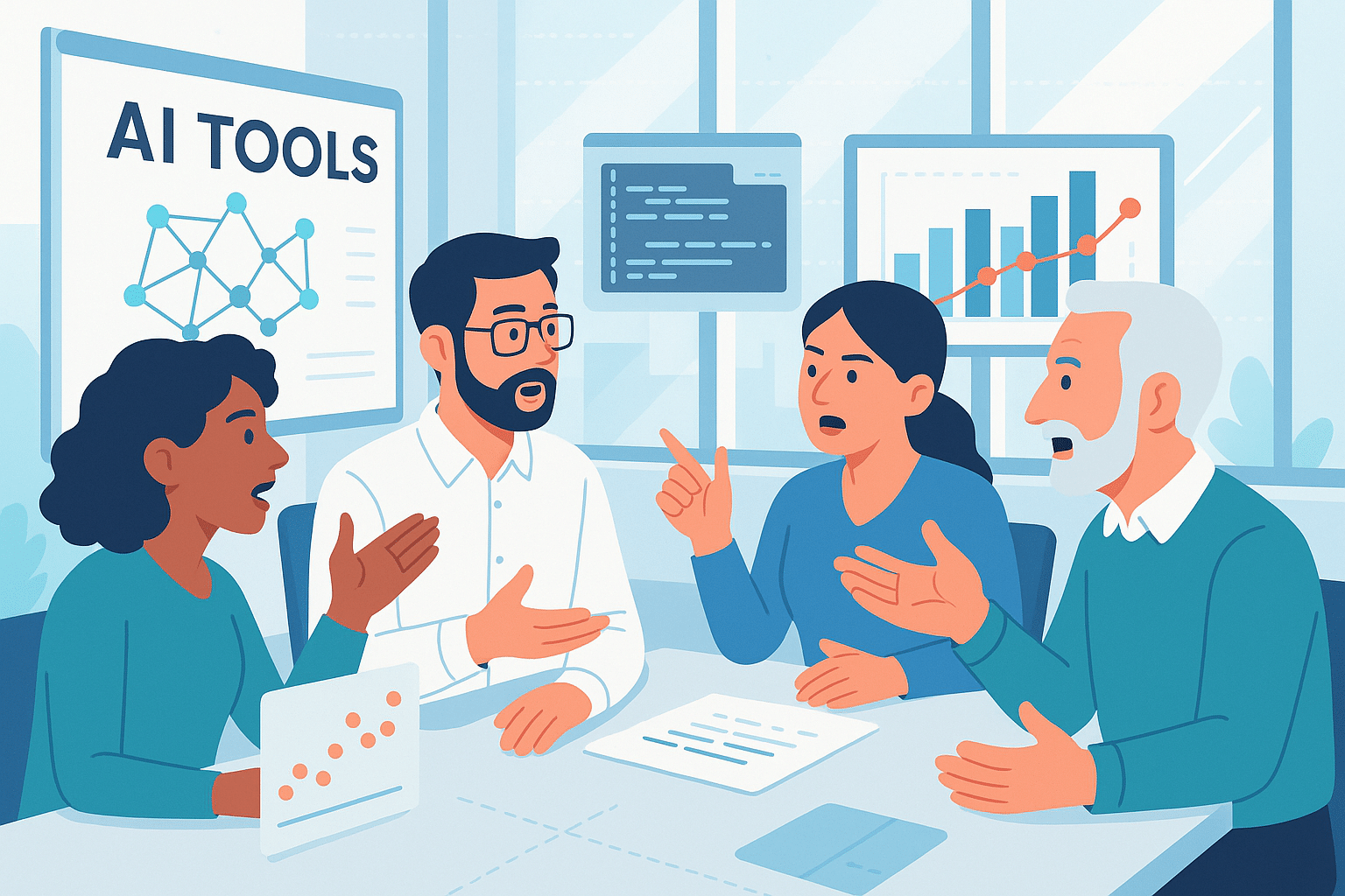 Équipe en pleine discussion autour des AI tools, débattant des usages, performances et enjeux liés à l’intelligence artificielle en entreprise.