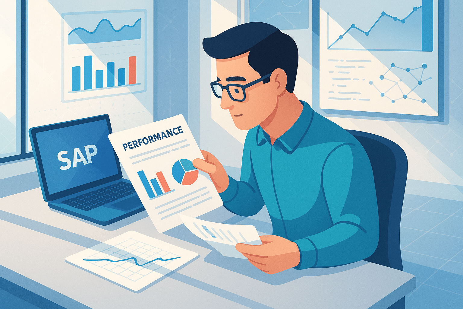 Professionnel analysant un rapport de performance avec un logiciel SAP, dans le cadre d’une formation ou d’une certification SAP S/4HANA.