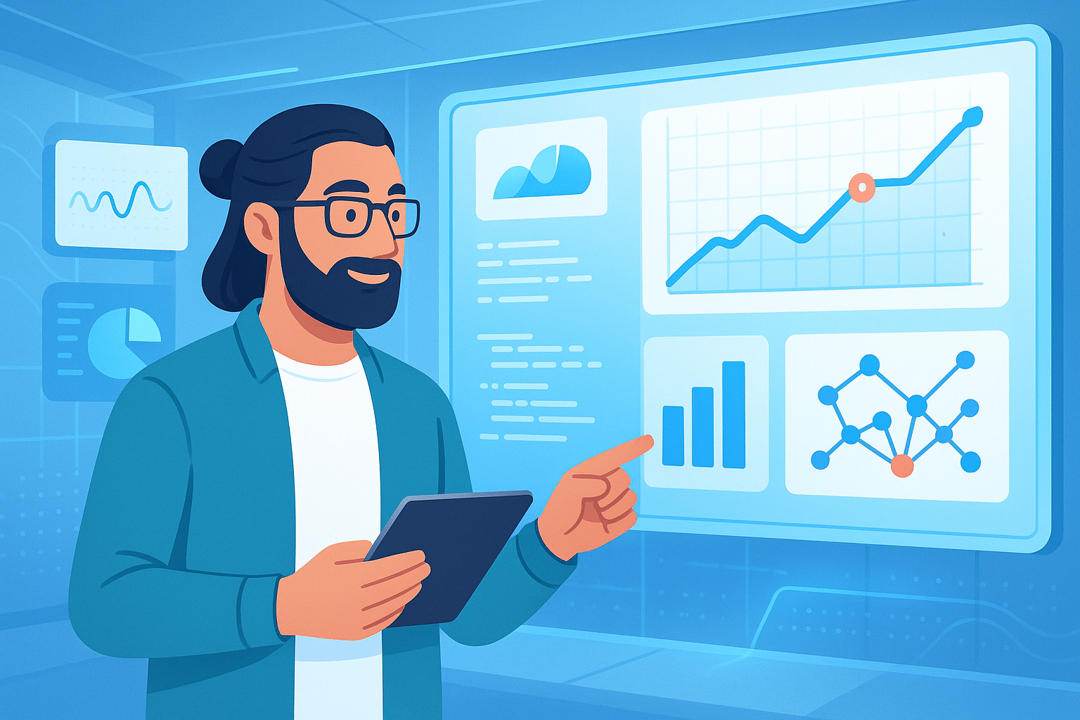 Illustration d’un expert en deeptech analysant des données complexes sur un tableau de bord numérique, représentant l’innovation scientifique et technologique.