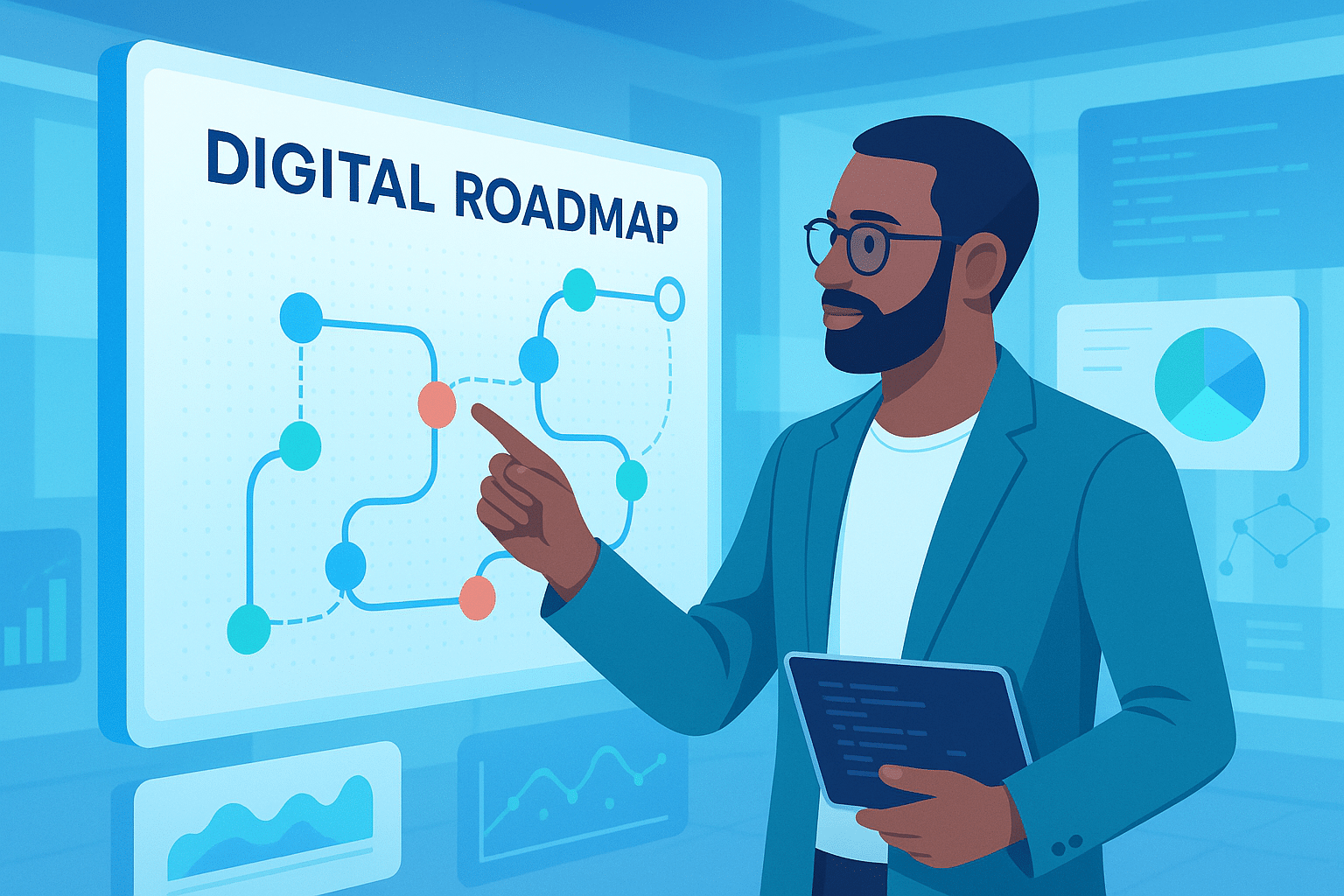 Un professionnel présentant une feuille de route digitale sur un écran, illustrant les étapes de la formation à la transformation digitale.
