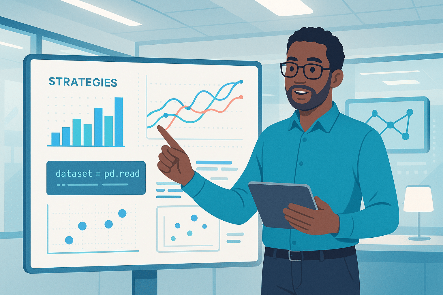 Un formateur présentant des graphiques et des stratégies de transformation digitale lors d'une séance de formation.