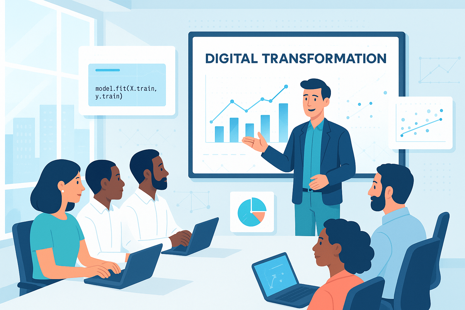 Formateur présentant des graphiques sur la transformation digitale lors d'une session de formation.