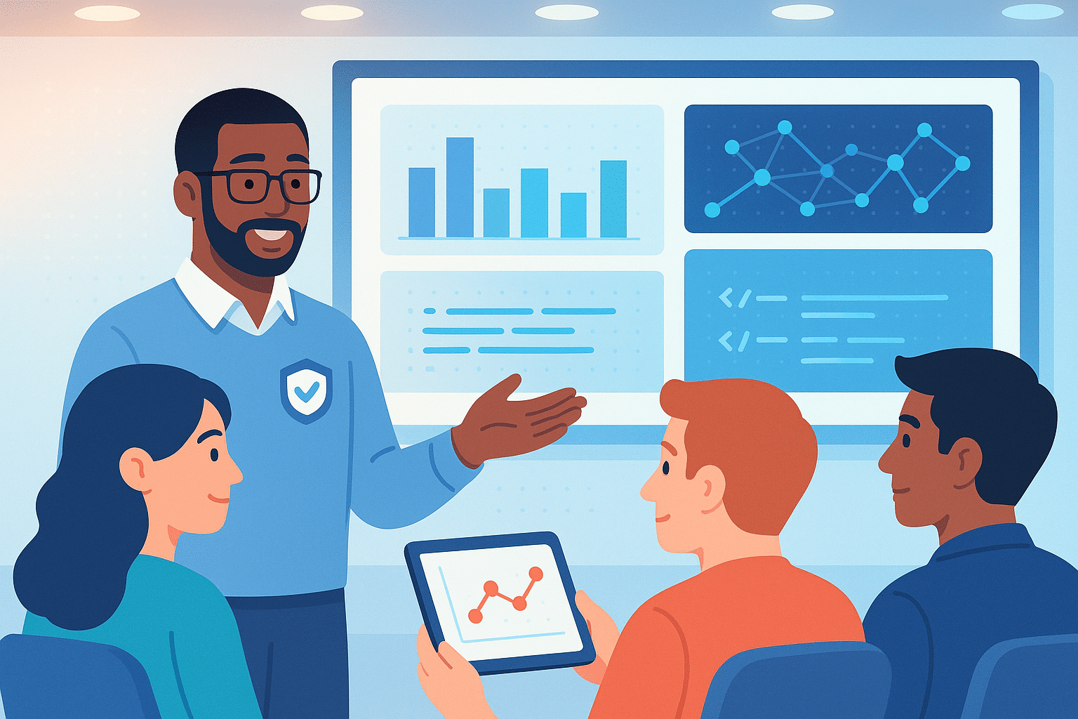 Un formateur enseignant la transformation digitale à un groupe, avec des graphiques et des données affichés sur un écran.