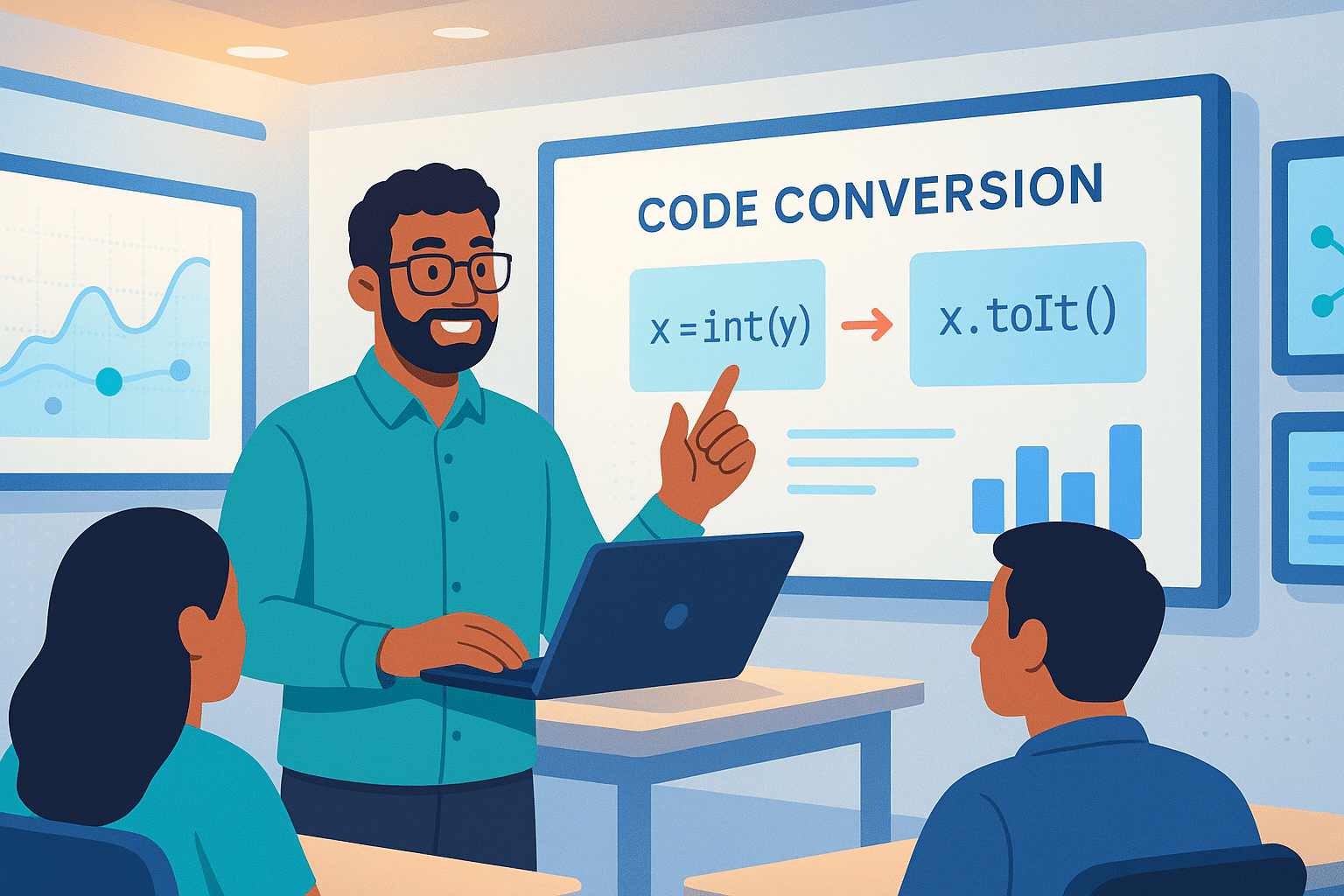 Un instructeur enseignant la conversion de code avec un exemple pratique devant des étudiants, illustrant l'utilisation de ChatGPT comme interpréteur de code.