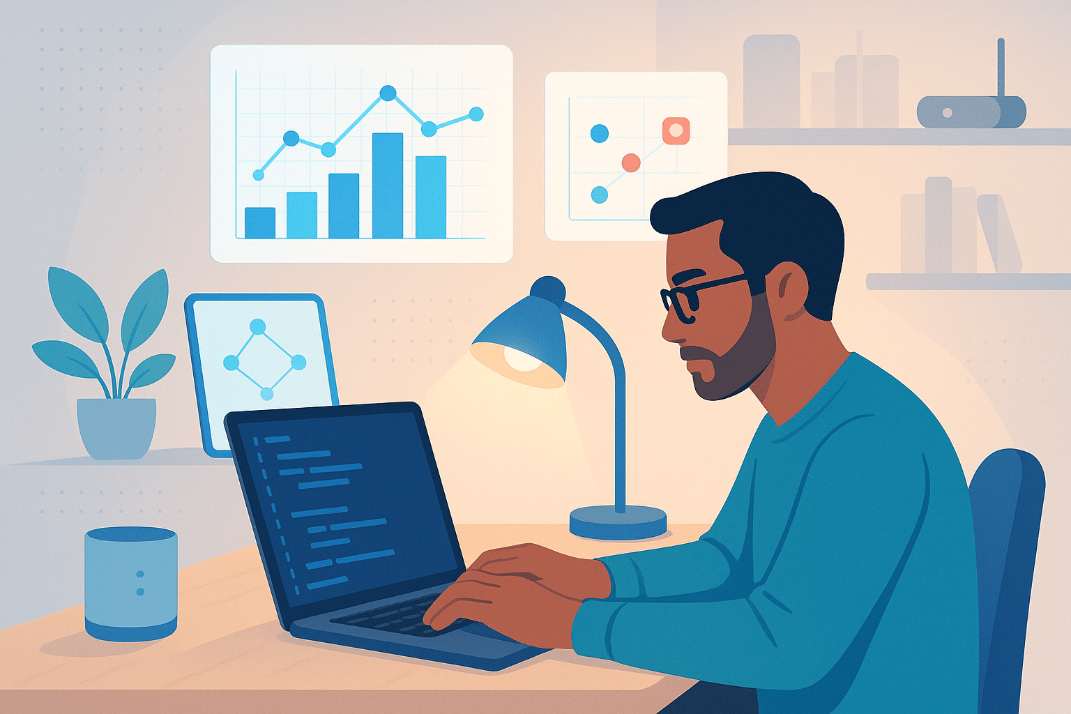 Un utilisateur travaillant avec ChatGPT Code Interpreter sur un ordinateur portable, entouré de graphiques et de visualisations de données.