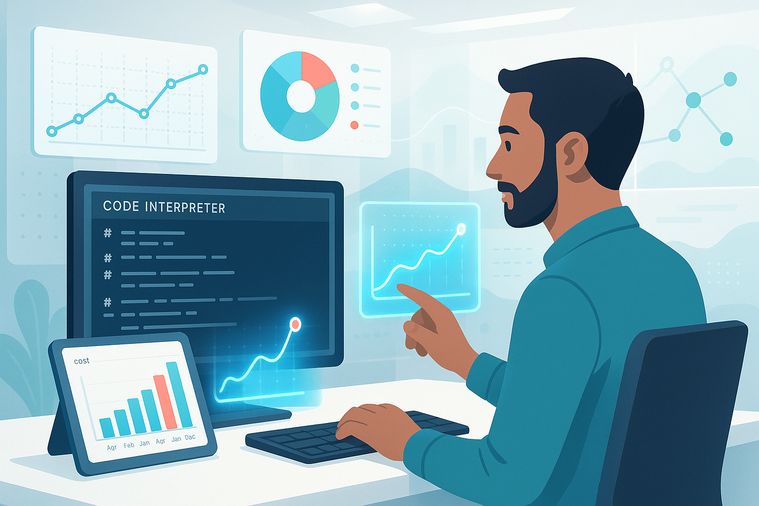 Illustration d'un homme utilisant un ordinateur portable avec des graphiques et des données en arrière-plan, représentant le ChatGPT Code Interpreter en action.