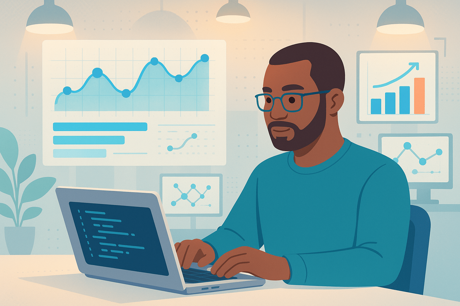 Illustration d'un homme utilisant un interpréteur de code sur un ordinateur pour analyser des données, avec des graphiques et des tendances en arrière-plan.