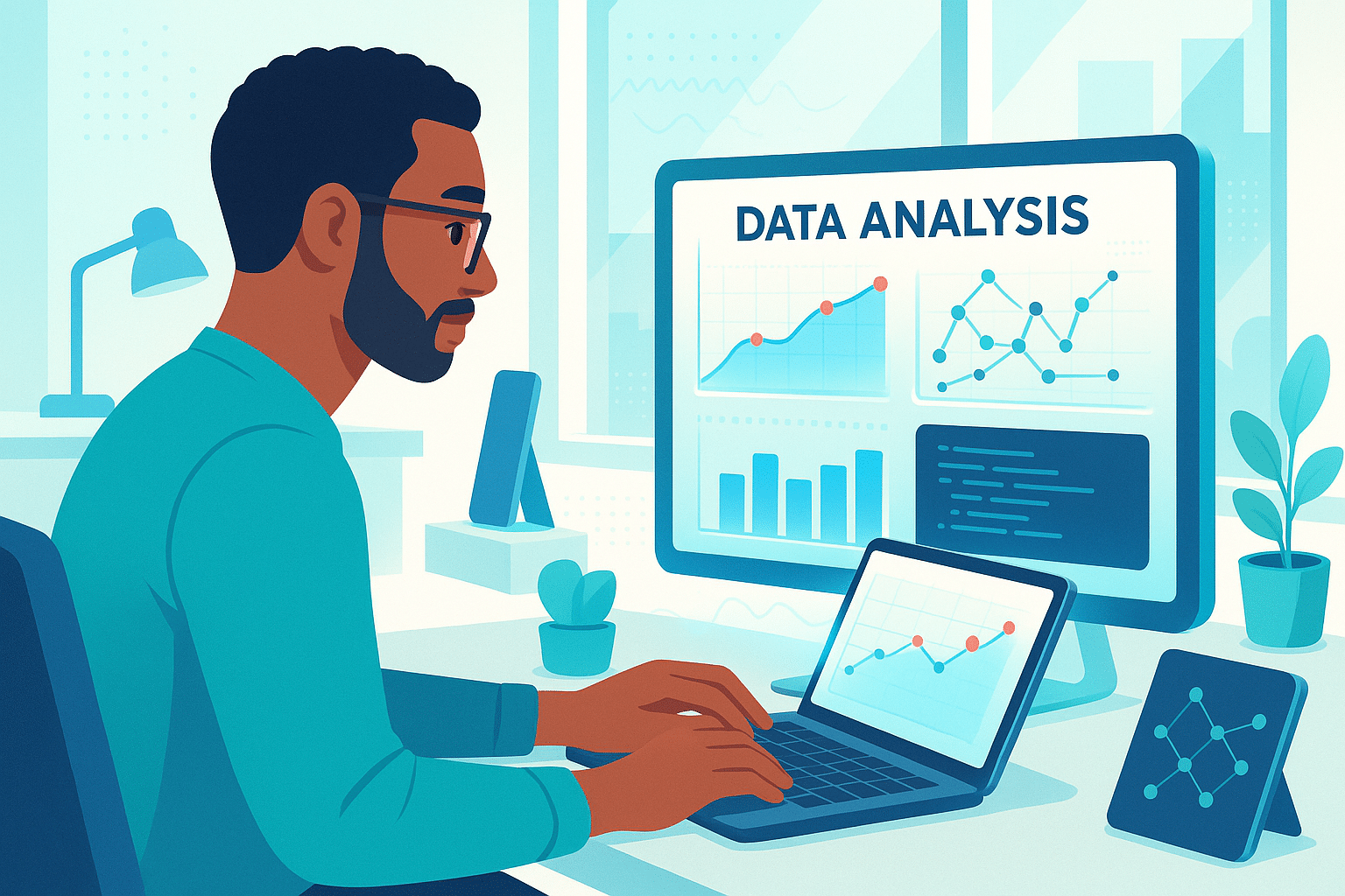 Un professionnel utilisant un interpréteur de code ChatGPT pour analyser des données sur plusieurs écrans, avec des graphiques et des statistiques.