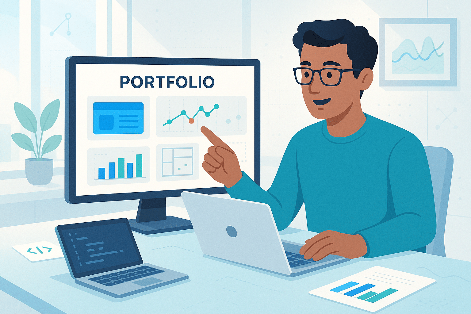 Web designer présentant son portfolio numérique sur un écran d'ordinateur, avec des graphiques et données visuelles.