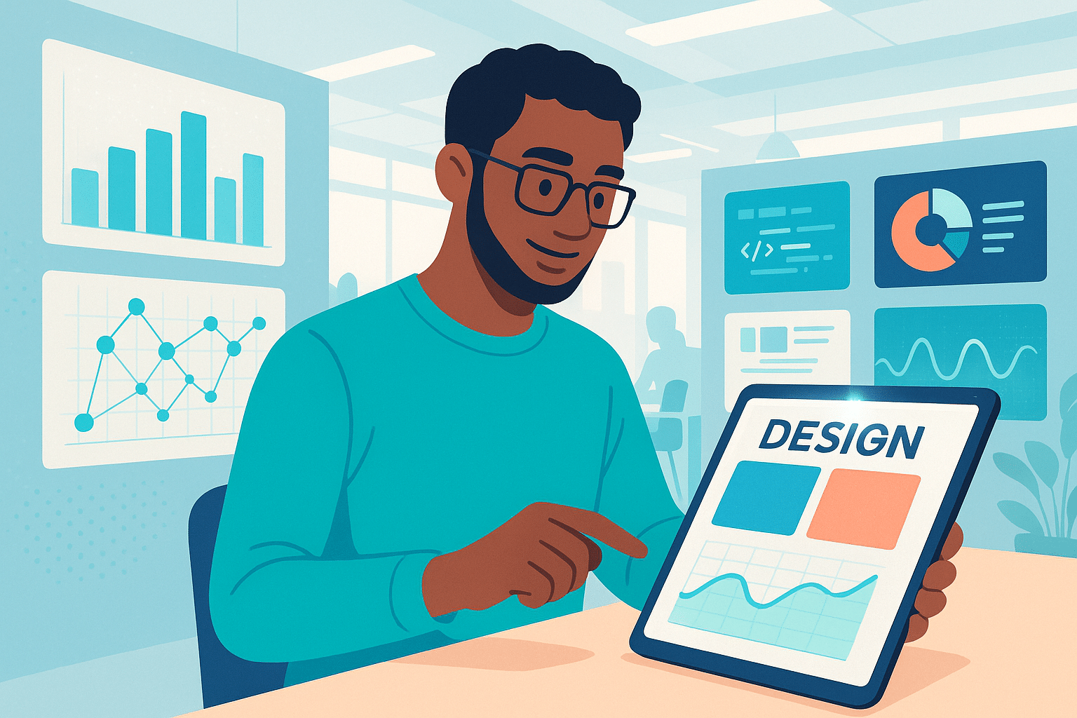 Designer web examinant un portfolio sur une tablette, affichant des graphiques et des données de design.