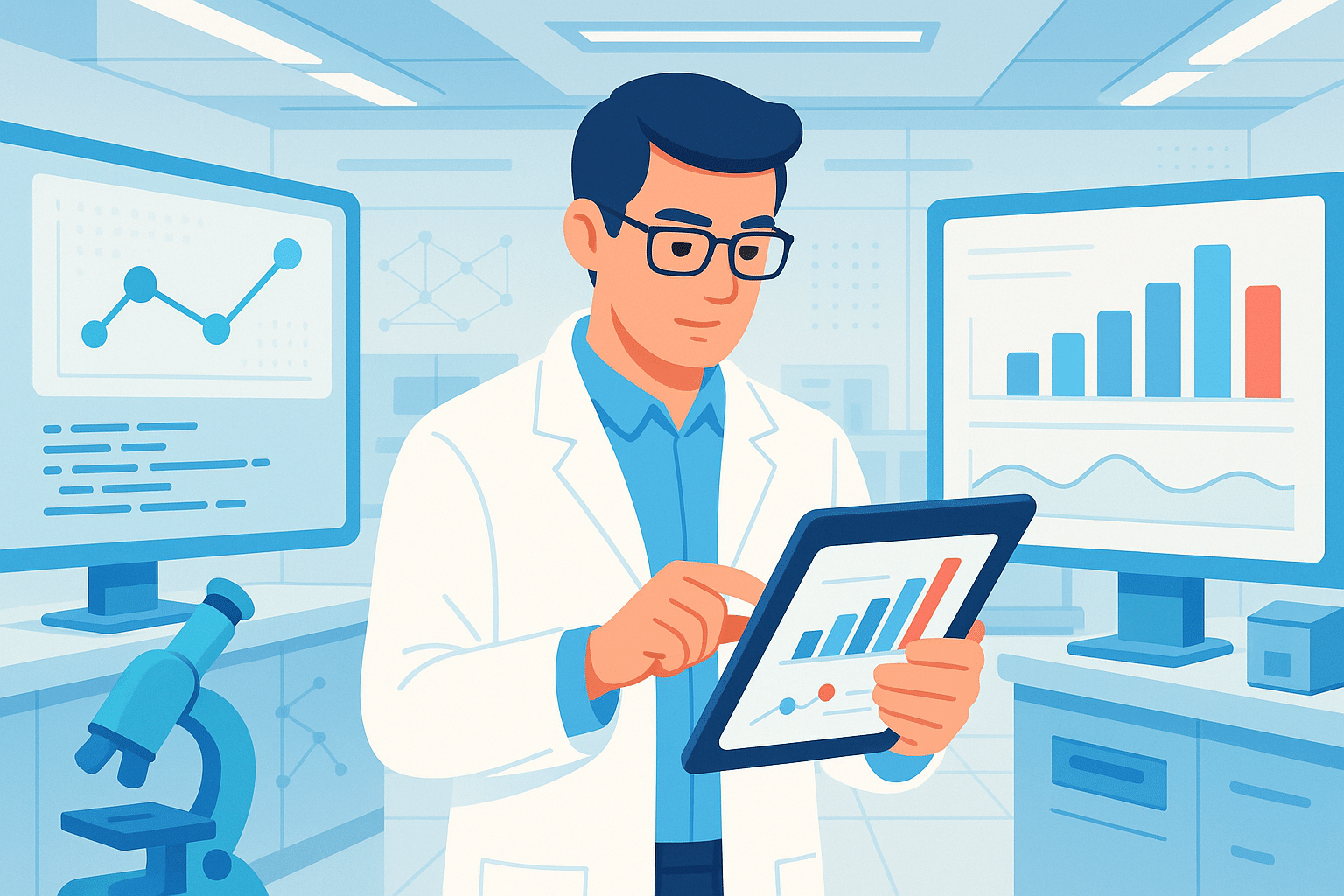 Chercheur en deeptech analysant des graphiques scientifiques sur tablette dans un laboratoire high-tech équipé d’écrans et d’un microscope.
