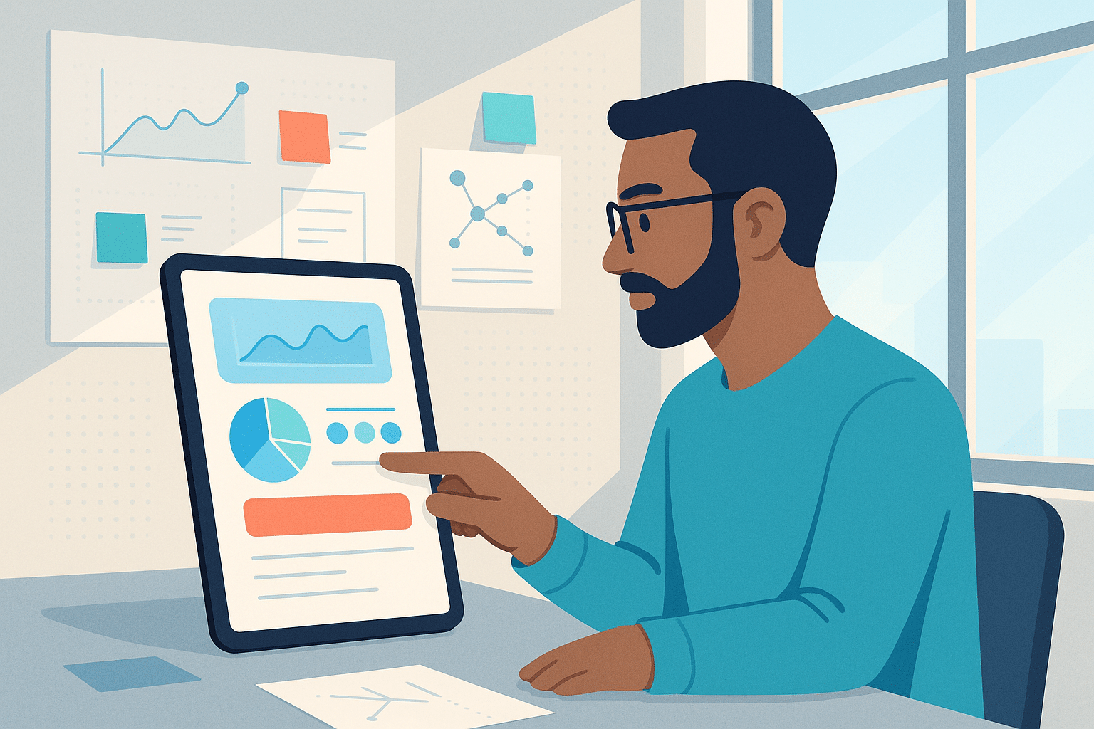 Illustration d'un homme travaillant sur un prototype sur une tablette, avec des graphiques et des données affichées en arrière-plan.