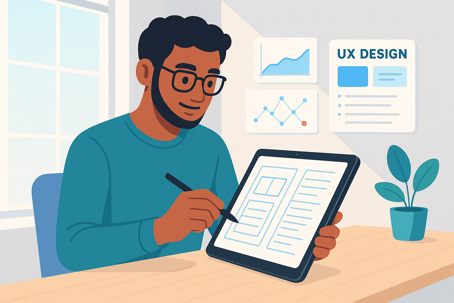 Illustration d'une personne utilisant une tablette pour créer un prototype en UX design, avec des graphiques en arrière-plan.