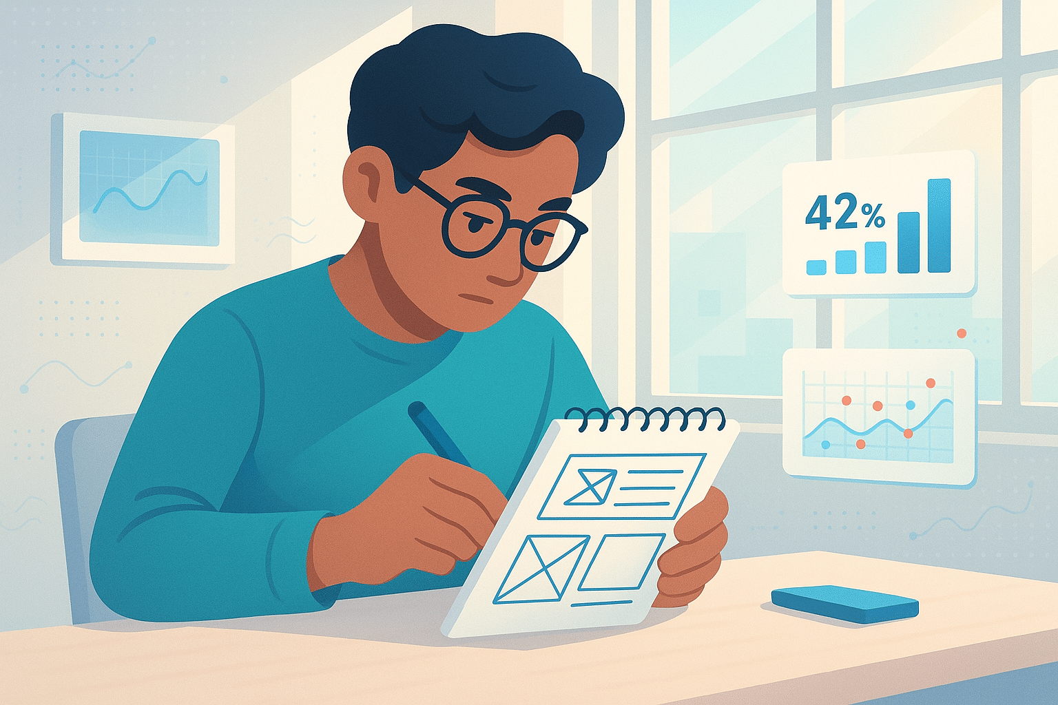 Un designer travaillant sur un prototype avec un carnet et un stylo, des graphiques de données affichés en arrière-plan.
