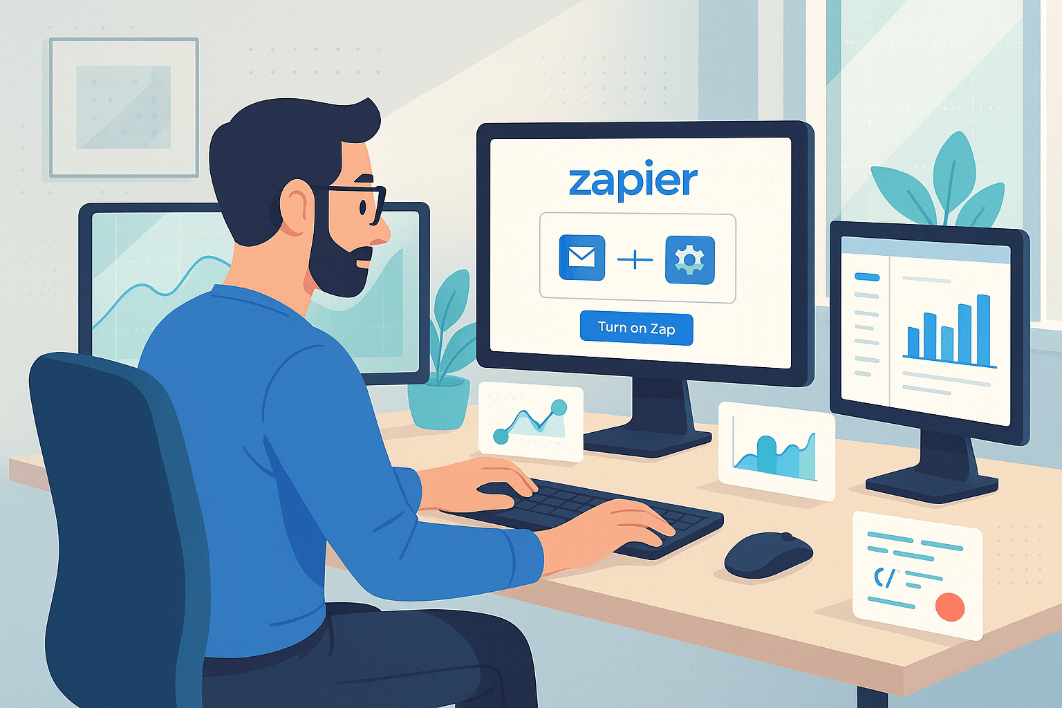 Un homme devant plusieurs écrans activant une automatisation via l’interface de Zapier, avec des graphiques et statistiques visibles en arrière-plan.