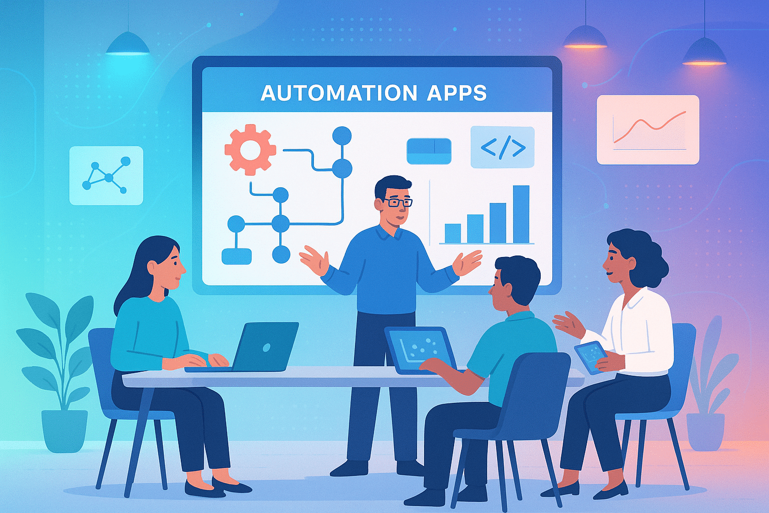 Réunion d’équipe autour d’une présentation sur les applications d’automatisation, illustrant un workflow typique utilisé dans des outils comme Zapier.