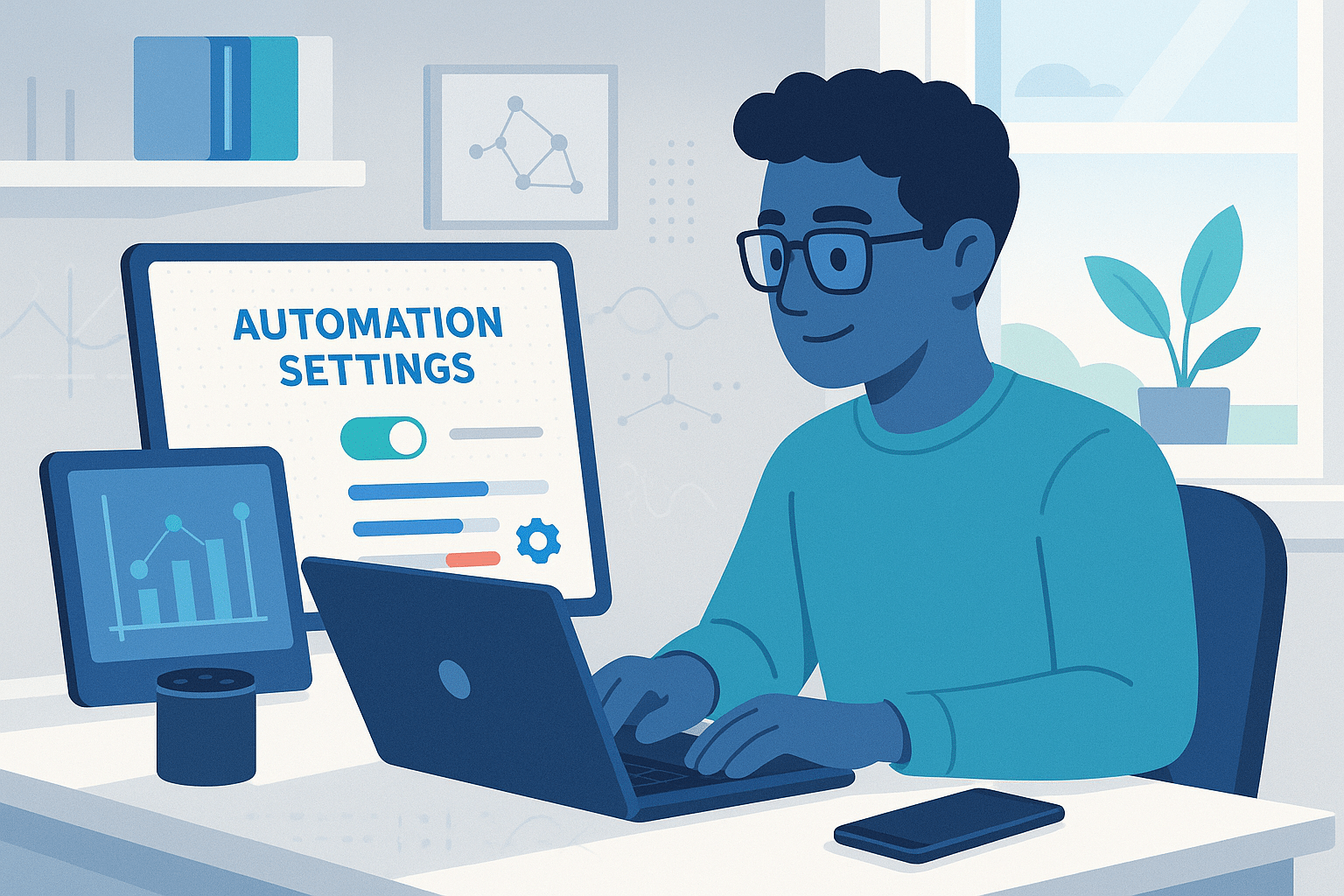 Un homme travaillant sur un ordinateur portable dans un bureau, configurant des paramètres d’automatisation affichés à l’écran, avec une interface liée aux outils comme Zapier.