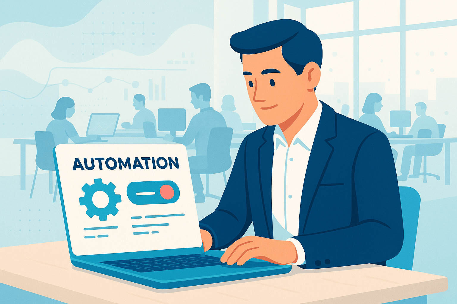 Un professionnel en costume utilisant un ordinateur portable avec une interface d’automatisation, illustrant une configuration de workflow inspirée de Zapier.