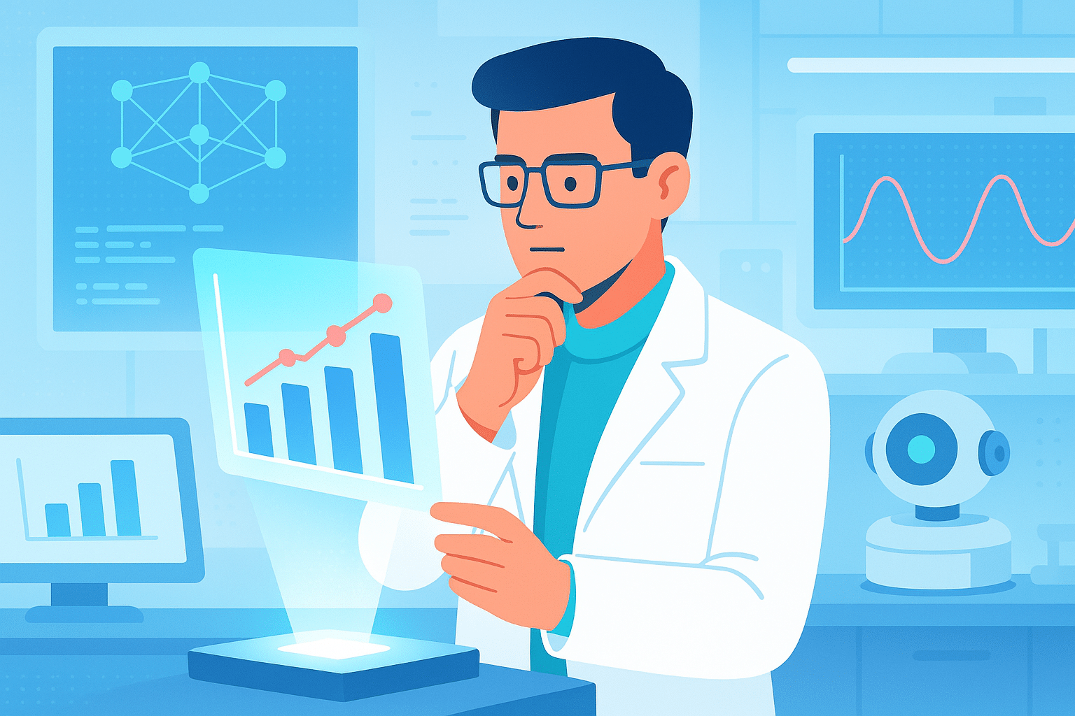 Chercheur en deeptech analysant des données projetées en hologramme dans un laboratoire équipé en intelligence artificielle.