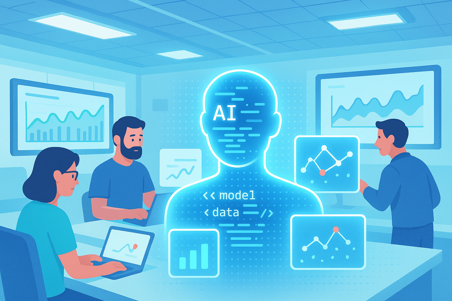Équipe de data scientists en réunion autour d’un modèle IA centralisé, illustrant la puissance collaborative de Deepthink R1 dans l’analyse prédictive.