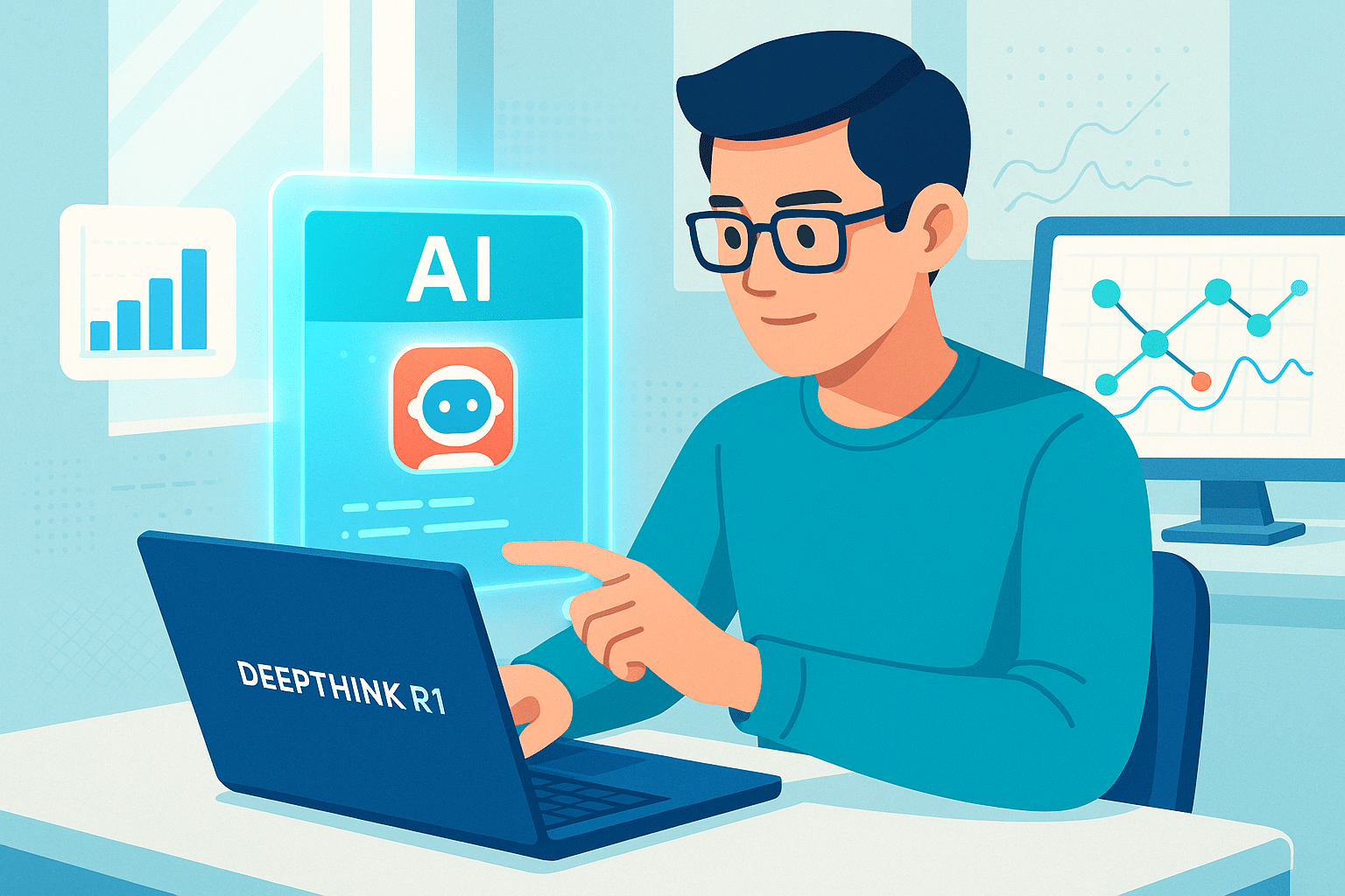 Utilisateur interagissant avec Deepthink R1 via un ordinateur portable, exploitant une interface IA dédiée à l’analyse de données.