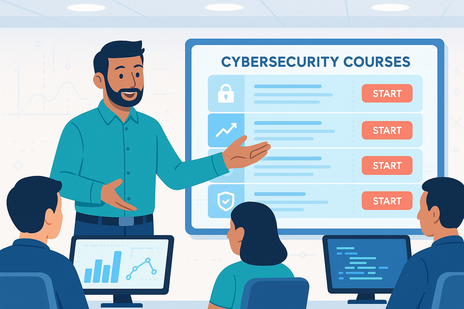 Enseignant présentant aux étudiants différents modules interactifs d’un cours cybersécurité, avec des options de démarrage immédiat.